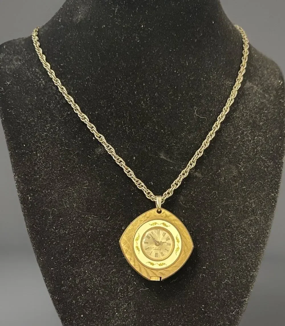 VTG Brichot Pendant Watch Necklace Gold Tone Enamel Art Swiss Wind Up Works
